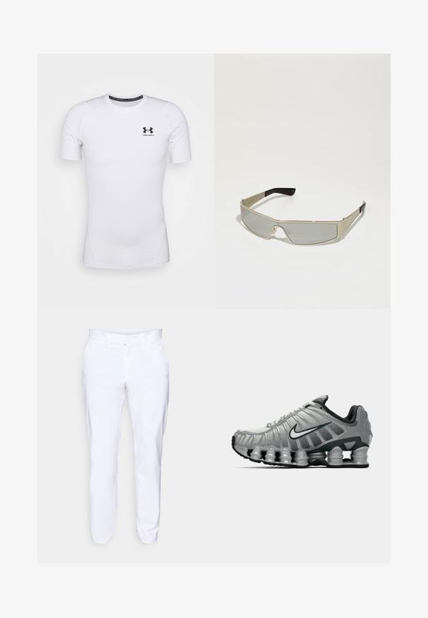 Camisa justa de manga curta branca, feita de tecido elástico. Possui um logotipo preto da Under Armour no peito e uma superfície lisa e texturizada.; Calças brancas feitas de tecido liso, com um design de perna reta, fecho frontal de botão e dois bolsos laterais inclinados.; Sapatilha de corrida Nike cinza e preta com um sistema de amortecimento semelhante a molas visível sob a sola e um logo swoosh branco na lateral.; Óculos de sol com armação metálica prateada e lentes cinza. O design é angular, apresentando hastes esguias com pontas pretas e detalhes texturizados.
