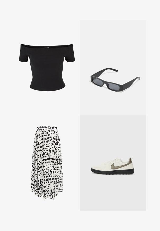 Melnas topiņš ar atklātiem pleciem, izgatavots no ribota materiāla, ar īsām piedurknēm un pieskaņotu dizainu, ar gludu tekstūru un tīrām līnijām.; Melna un balta rakstaina svārku ar elastīgu jostasvīru, kas izceļas ar plūstošu, drapētu dizainu un asimetrisku apakšmali.; Nike Sportswear FIELD GENERAL - Treniņu apavi - off-white/black; Melni taisnstūrveida saulesbrilles ar tumšiem stikliem un bieziem matētiem rāmiem. Rāmju kājas ir nedaudz sašaurinātas ar gludu tekstūru.