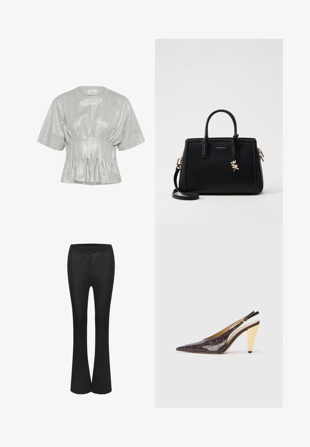 Haut métallisé argent à manches courtes avec taille froncée et encolure ronde, présenté sur fond blanc.; Pantalons évasés noirs à côtes avec une taille ajustée, fabriqués à partir d'un matériau souple et extensible. Présente des rayures verticales et une texture lisse.; Talons slingback à bout pointu en simili cuir crocodile marron foncé brillant. Présente un talon géométrique doré et une sangle ajustable à la cheville.; Sac à main en cuir noir avec un design structuré, deux poignées supérieures, une bandoulière amovible, des accessoires en or et un pendentif avec le logo.