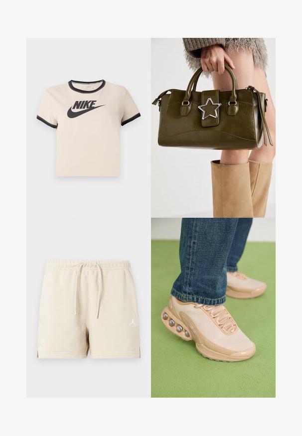 Šviesiai beige medvilnės marškinėliai su juodu apvaliu iškirpimu ir rankogaliais. Pirmoje pusėje yra ryškus juodas Nike logotipas.; Bežiniai medvilniniai šortai su elastingu juosmens diržu, raišteliu ir baltu Jumpman logotipu kairėje apačioje. Lygus paviršius, pritaikytas patogus fasonas.; Šviesiai smėliniai sportiniai batai turi tinklinę viršutinę dalį, guminiu padais ir apvaliais akcentais su metaliniais detalėmis. Dėvimi su mėlynais džinsais ant žalos paviršiaus.; Alyvuogių žalios spalvos dirbtinės odos rankinė su sidabro žvaigždės akcentu, dviem rankenomis ir užtrauktuko uždarymu. Tekstūruotas paviršius ir struktūrizuota forma.