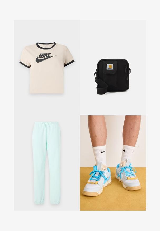 Lys beige bomulls t-skjorte med svart rund hals og mansjetter. Har en fremtredende svart Nike-logo på forsiden.; Lys mintgrønne joggebukser laget av myk stoff, med elastisk midjebånd med snøring og ribbede mansjetter ved anklene.; Lyseblå joggesko med brune såler, med fremtredende turkise snørebånd og gule detaljer. Teksturerte materialer og synlig luftdemping.; Svart crossover-veske med en glidelåslukking hovedrom, frontlomme, justerbar stropp og et synlig logo-patch på klaffen.