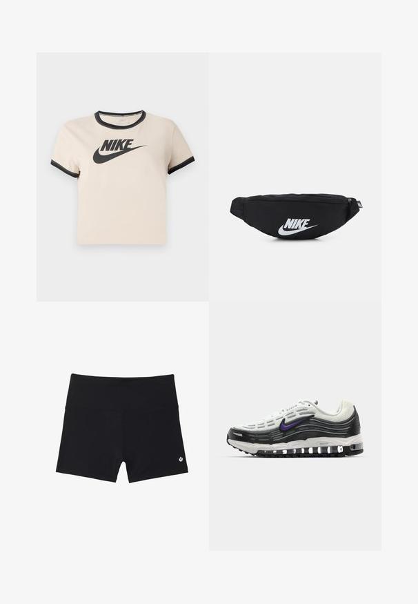 Világos bézs pamut póló fekete kerek nyakkivágással és mandzsettákkal. A póló elülső részén egy kiemelkedő fekete Nike logó található.; Fekete sportnadrág, rugalmas anyagból készült, magas derékkal, és egy kis fehér logóval az alsó jobb sarokban.; Nike Air Max sneaker, fehér hálós felsőrésszel, fekete részletekkel, lila logóval, ívelt kialakítással és látható légpárnázással a talpon.; Fekete nylon övtáska cipzáras záródással, nagy fehér Nike logóval. Simma textúra és ergonómikus kialakítás a kényelmes viselet érdekében.