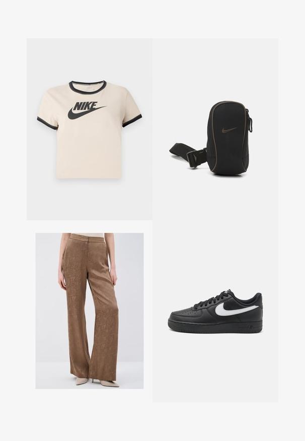 T-shirt en coton beige clair avec un col rond et des poignets noirs. Présente un logo Nike noir bien visible à l'avant.; Pantalons marron à jambes larges en tissu texturé avec un motif subtil. Ils présentent une taille lisse et tombent lâchement des hanches.; Baskets Nike Air Force 1 noires avec une tige en cuir lisse, accent de logo blanc, bout perforé et semelle en caoutchouc texturé.; Pochette noire Nike avec fermeture éclair, tissu texturé, accents marron et bandoulière détachable. Arbore un logo Nike bien en évidence à l'avant.