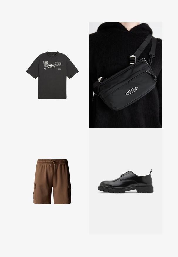 Czarna bawełniana koszulka z krótkim rękawem, z nadrukiem graficznym przedstawiającym elementy szachownicy i tekstu. Kołnierz typu crew neck.; Brązowe bawełniane szorty cargo z elastycznym pasem, sznurkiem do regulacji i dwiema bocznymi kieszeniami. Gładka faktura i długość powyżej kolan.; Czarne skórzane buty sznurowane z okrągłym noskiem, gładką teksturą i żłobioną gumową podeszwą. Posiadają mały obcas i pętlę z tyłu.; Czarna nylonowa torba na ramię z regulowanym paskiem, o gładkiej fakturze, z przednią kieszenią na zamek błyskawiczny i akcentem w postaci logo.