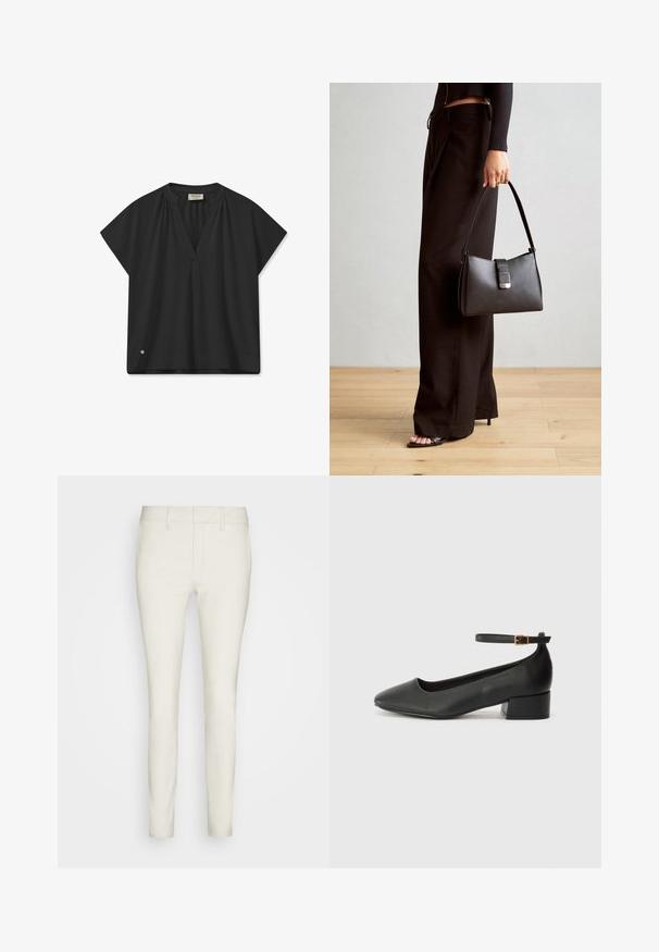 Mustem lühikeste varrukatega pluus V-dekoltee ja õlavarre kogumise detailidega ning tagasihoidliku logo aktsendiga hemisel. Sile tekstuur.; Heled värvi, kitsad püksid siledast kangast, plaadi ees, tavaliste taskute ja vöökohaga. Ühtne ja voolujooneline disain.; Must mustaapp, millel on terav nina ja madal blokk-kand. Omab pahkluu rihma koos kuldse tooni pandlaga. Sile tekstuur.; Must musta kott, millel on struktureeritud kuju, sile tekstuur ja metallist klamber. Kombineeritud laiate mustade pükstega ja avatud varvaste sandaalidega puidust põrandal.