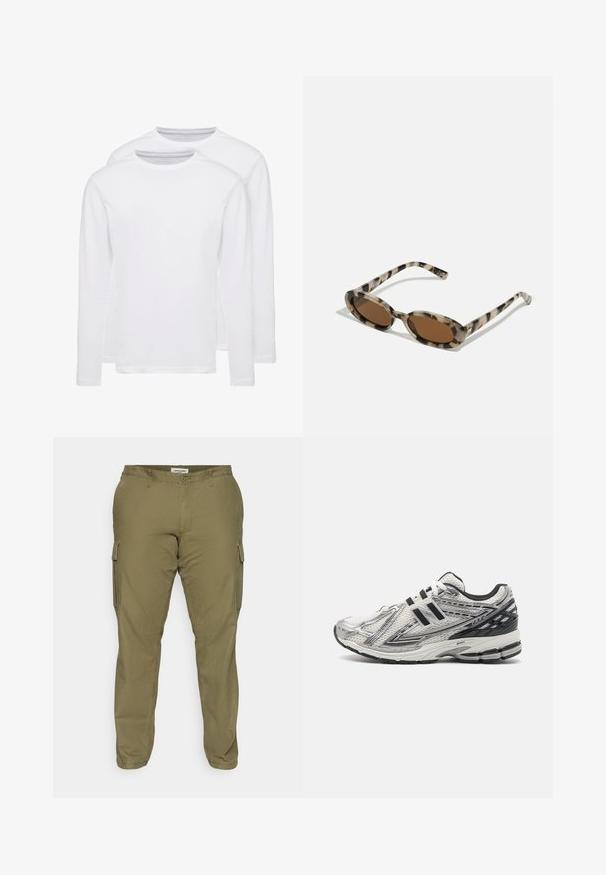 Kaksi pitkähihaista valkoista T-paitaa, jotka on valmistettu pehmeästä puuvillasta. Niissä on pyöreä kaula-aukko ja sileä, tasainen tekstuuri ilman kuvioita tai korostuksia.; Vihreät oliivinväriset cargo-housut, jotka on valmistettu puuvillasekoitekankaasta. Niissä on sivutaskut, vyölenkit ja suora lahkeiden muoto. Tasainen pinta.; Miesten juoksukengät valkoisesta verkkokankaasta mustilla yksityiskohdilla, joissa on pehmustettu pohja, nauhakiinnitys ja teksturoitu pinta pidon parantamiseksi.; Kaurin kuorrutuksella varustetut aurinkolasit, joissa on ovaalit linssit, ruskea sävy ja ohuet kuvioidut sivut. Kevyt muovimateriaali hienovaraisilla kultaisilla yksityiskohdilla.