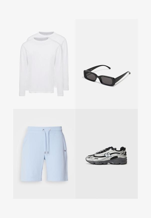 Two long-sleeve white T-shirts made of soft cotton. Features a round neckline and a smooth, even texture without patterns or accents.; Light blue shorts made of soft fabric, featuring an elastic waistband with a drawstring and a small logo on the front.; Silver and black athletic shoes featuring a mesh upper, cushioned sole, lace-up design, and side branding detail.; Black rectangular sunglasses with dark lenses, glossy finish, wide arms, and a chunky frame design. Engraved brand name on one arm.; Green hooded sweatshirts with front pockets, loose fit. One model wears black jeans, the other carries a black crossbody bag.