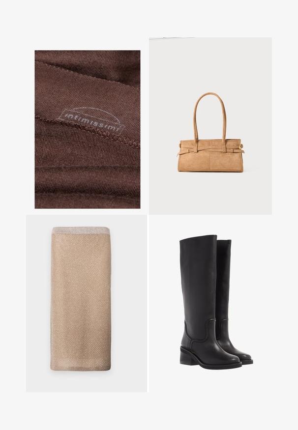 Tela marrón con una textura suave, que presenta costuras visibles y una etiqueta con un logotipo circular parcialmente oculta por los pliegues de la tela.; Bufanda de punto beige con un sutil brillo, acabado texturizado y un borde de color más claro en el borde superior. Forma rectangular.; Botas de cuero negro hasta la rodilla con una textura suave, punta redondeada y un tacón ancho. Presenta costuras sutiles y un diseño aerodinámico.; Bolso de mano de ante marrón con dos asas largas, forma rectangular y costuras decorativas. Presenta una correa lateral y sutiles acentos en dorado.