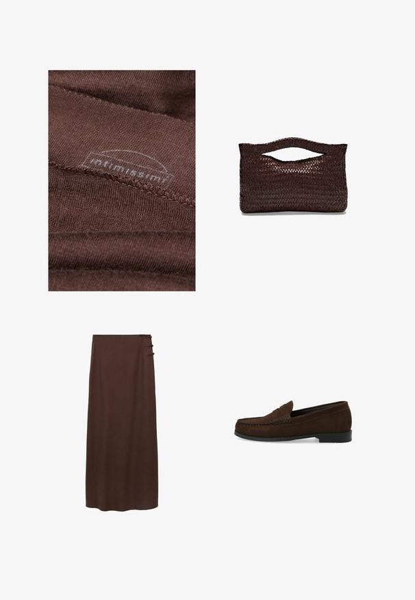 Brown fabric with a soft texture, featuring visible stitching and a circular logo tag partially obscured by fabric folds.; Brown, floor-length skirt made from soft material. Features three decorative side buttons near the waist. Simple, unembellished design.; Brown suede loafers with a stitched moccasin toe, flat black rubber sole, and a decorative top strap and detail.; Woven brown leather handbag with a rounded top handle and an open silhouette, featuring a textured surface and sleek, minimalist design.