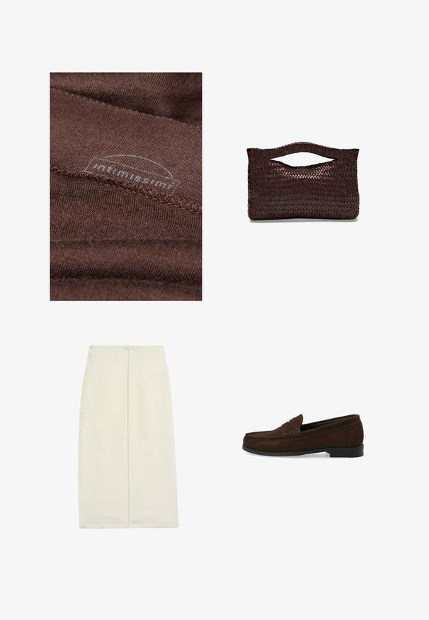 Brunt tyg med en mjuk textur, med synliga sömmar och en cirkulär logotypetikett delvis dold av tygvecken.; Lång elfenbensfärgad kjol i texturerat tyg, med rak design och en centrerad bakseam. Ingen synlig hårdvara eller mönster.; Bruna mockasiner i mocka med en sydd moccasin-tå, platt svart gummisula och en dekorativ övre rem och detalj.; Vävd brun läderhandväska med ett runt handtag på toppen och en öppen silhuett, med en texturerad yta och en snygg, minimalistisk design.