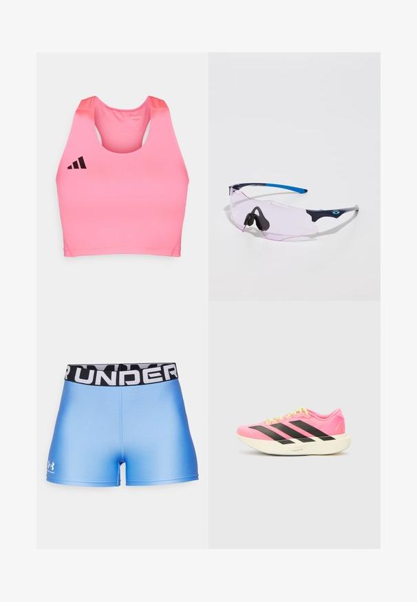 adidas Performance ADIZERO - Top - lucid pink; Under Armour HEATGEAR SHORTY - Leggings - horizon blue/white; adidas Performance ADIZERO EVO SL W - Sapatilhas - lucid pink/core black/white; Óculos de sol desportivos com lentes transparentes cor-de-rosa. Possuem armações azul-escuro e cinza-claro. As almofadas do nariz ajustáveis melhoram o conforto.