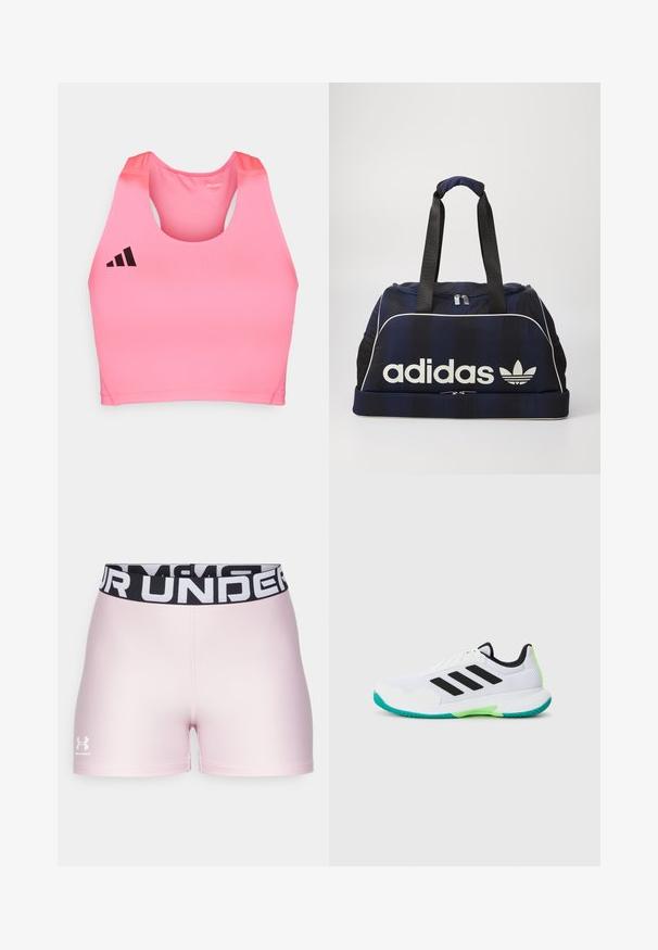 adidas Performance ADIZERO - Top - lucid pink; Pantalones cortos deportivos rosas hechos de un material suave con una cinturilla elástica negra que presenta el texto blanco "UNDER ARMOUR". Logo en la parte inferior izquierda.; Zapatilla deportiva blanca con parte superior de malla, rayas negras y detalles en verde. Cuenta con una suela texturizada y un collar acolchado para mayor soporte.; Bolso de lona navy con el logo blanco de Adidas, con una parte superior con cierre, dos asas negras resistentes y bolsillos de malla en los laterales. Textura de tela suave.