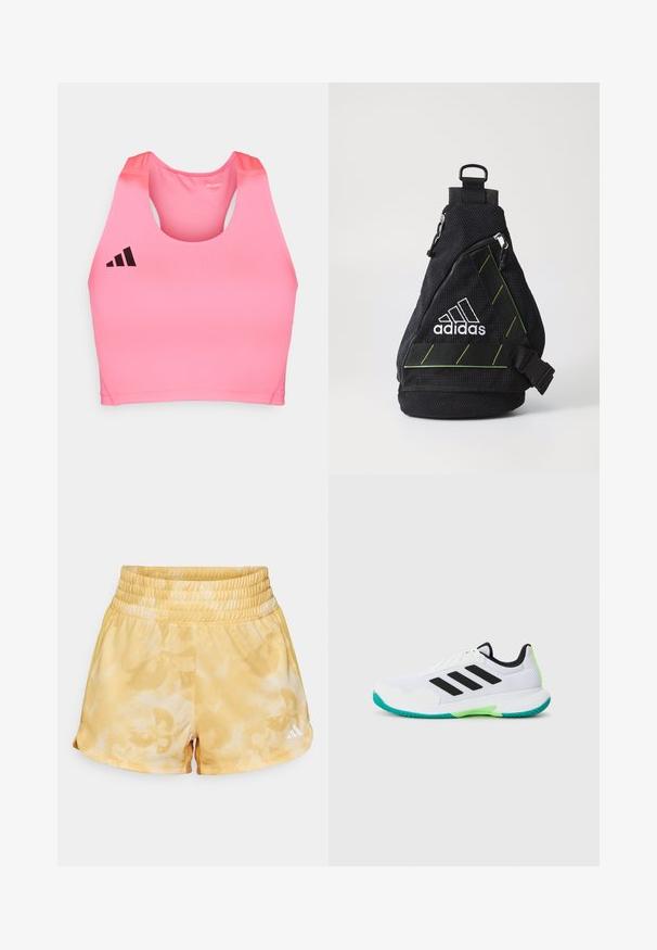 adidas Performance ADIZERO - Top - lucid pink; Bermudas deportivas amarillas con un patrón floral, cinturilla elástica y logo en la parte inferior derecha. Tejido suave y ligero con un corte relajado.; Zapatilla deportiva blanca con parte superior de malla, rayas negras y detalles en verde. Cuenta con una suela texturizada y un collar acolchado para mayor soporte.; Bolsa de bandolera negra de tela con superficie texturizada, logo blanco, detalles verdes, correa ajustable y bolsillo frontal con cremallera. Forma compacta y triangular.