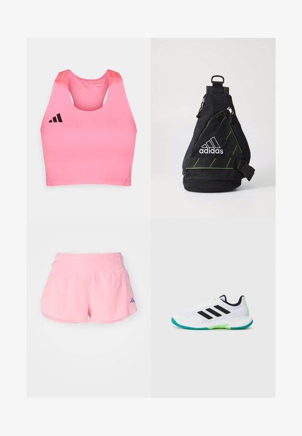 adidas Performance ADIZERO - Top - lucid pink; adidas Performance ADIZERO GEL - Kurze Sporthose - semi pink spark; Weißer Sportschuh mit Mesh-Obermaterial, schwarzen Streifen und grünen Akzenten. Verfügt über eine strukturierte Sohle und einen gepolsterten Schaft für Unterstützung.; Schwarze Stoff-Tragetasche mit strukturiertem Obermaterial, weißem Logo, grünen Akzenten, verstellbarem Träger und vorderer Reißverschlusstasche. Kompakte und dreieckige Form.
