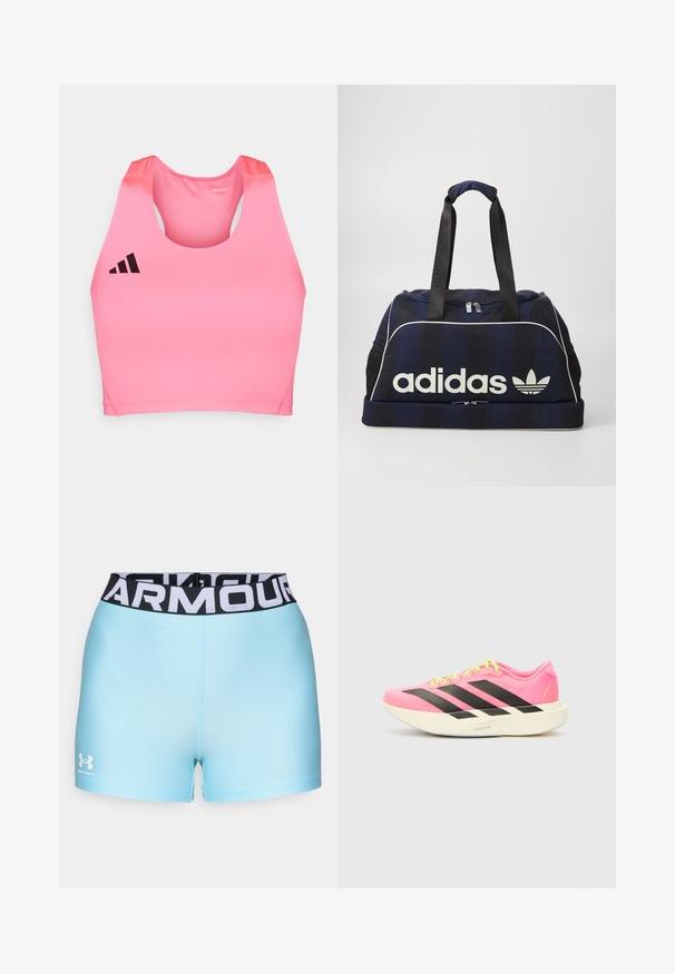 adidas Performance ADIZERO - Top - lucid pink; Calções desportivos azul claro com uma cintura preta apresentando o texto branco "ARMOUR". O material aparenta ser suave com um design ajustado. Logótipo da Under Armour exibido.; adidas Performance ADIZERO EVO SL W - Sapatilhas - lucid pink/core black/white; Mala de duffel azul-marinho com o logótipo branco da Adidas, apresentando um topo com fecho, duas alças pretas robustas e bolsos laterais em malha. Textura do tecido suave.