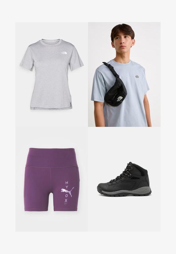 Szürke, rövid ujjú póló, puha, nedvességet elvezető anyagból készült. Kerek nyakú, és egy kis fehér logó található a bal felső részen.; Lila sportnadrág, magasan lévő derékkal, oldalt fényvisszaverő fehér logóval és felirattal. Rugalmas, sima anyagból készült.; Fekete túracipő közepes magasságú kialakítással, texturált felsőrésszel, szürke részletekkel és strapabíró gumitalppal, amelynek tapadós kiemelkedései vannak.; Fekete nylon keresztpántos táska állítható pánttal, kiemelkedő fehér logóval. Világoskék póló felett viselve. Egyszerű, funkcionális dizájn.