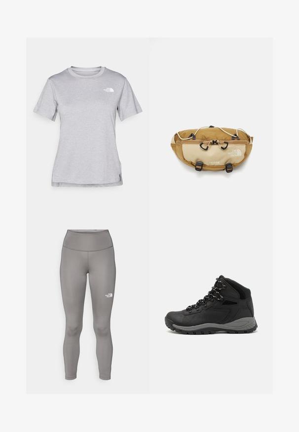 Šedé tričko s krátkým rukávem vyrobené z měkké, vlhkosti odvádějící tkaniny. Obsahuje kulatý výstřih a malé bílé logo na levém horním rukávu.; Šedé legíny vyrobené z elastického materiálu, s vysokým pasem a bílým logem Northern Face na levé nohavici.; Černé turistické boty s mírně vyšším střihem, které mají texturovaný svršek, šedé detaily a odolnou gumovou podrážku s trakčními výstupky.; The North Face TERRA LUMBAR 3L UNISEX - Ledvinka - utility brown/khaki stone