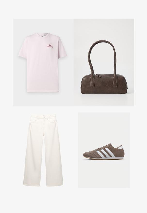 Lyserød bomulds t-shirt, rund hals, korte ærmer, med en sort Adidas-logo og tekst på venstre brystområde. Glat tekstur.; Hvide bredbenede jeans lavet af denim med høj talje, som har forlommer og metalhardware på knappen og lynlåslukningen.; Brune ruskind atletisk sko med hvide striber, rund tå, snørebåndsdesign og gummisål. Tekstureret overdel med syningsdetaljer.; Brun lædertaske med to robuste håndtag, rektangulær form, glat tekstur og lynlås lukning. Minimalistisk design uden synlige mønstre.