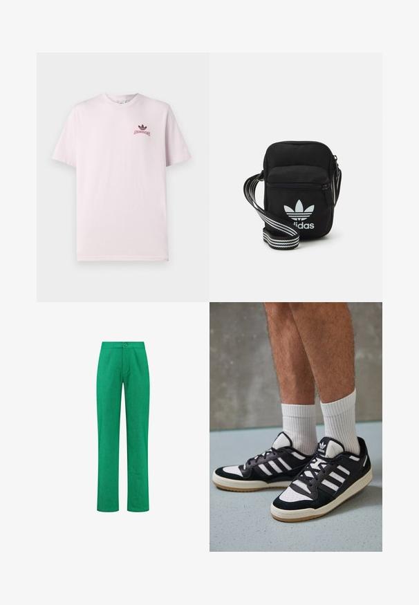 Svetloružové bavlnené tričko s krátkymi rukávmi a okrúhlym výstrihom, s čiernym logom Adidas a textom na ľavej strane hrude. Hladká textúra.; Zelené nohavice v rovnom strihu, s jedným gombíkom na zapínanie v páse a textúrovanou tkaninou.; Čierno-biele tenisky s vrchom z semišu a kože, s troma bielymi pruhmi, perforovanou špičkou a gumovou podrážkou.; Čierna textilná crossbody taška so zipsovým uzáverom, ktorá má biele logo Adidas a pruhovaný nastaviteľný popruh pre jednoduché nosenie.