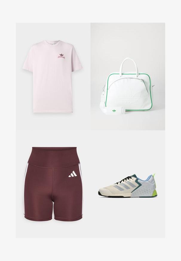 Camiseta de algodón rosa claro, de cuello redondo, con mangas cortas, que presenta un logotipo negro de Adidas y texto en la parte izquierda del pecho. Textura suave.; Pantalones cortos de talle alto en color burdeos, fabricados con material elástico, con franjas laterales blancas y el logo de Adidas en blanco en la parte delantera.; Zapatillas deportivas ligeras con parte superior de malla color crema, franjas grises, un acento verde y un contador de talón texturizado en azul. Cordones negros.; Bolso de cuero blanco con ribetes verdes, que presenta un prominente logo en relieve, asas dobles, una correa desmontable y un bolsillo frontal con cremallera.