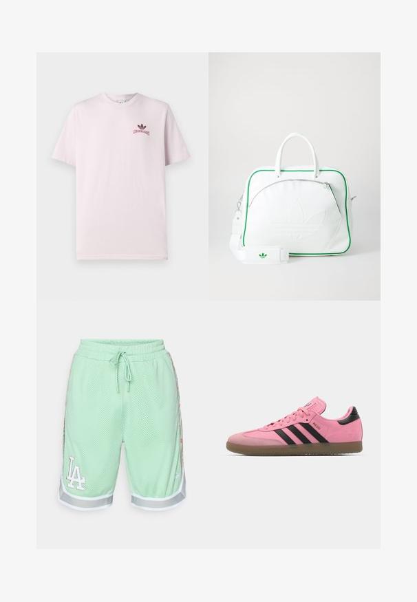 Svijetlo ružičasta pamučna majica, okrugli izrez, kratki rukavi, s crnim Adidas logom i natpisom na lijevoj strani prsa. Glatka tekstura.; Svijetlozeleni mrežasti šorts s bijelim LA logom, elastičnom strukom, šniranjem i cvjetnim bočnim prugama. Ima sivi obrub na rubu.; Roze atletske tenisice s crnim prugama i detaljima. Imaju teksturiranu površinu, okrugli vrh i gumeni potplat. Sustav vezivanja s podstavljenim jezikom.; Bijela kožna torba s zelenim detaljima, koja se ističe istaknutim reljefnim logotipom, dvostrukim ručkama, odvojivim remenom i prednjim džepom na zipper.