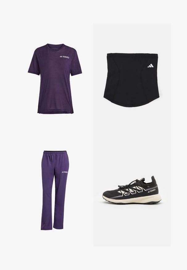 Lila kurzärmliges Sportshirt aus leichtem Material, ausgestattet mit einem atmungsaktiven Mesh-Design und einem weißen "TERREX"-Logo auf der Brust.; Lila Sporthose mit einem schwarzen elastischen Bund, geradem Bein Design und einem weißen "TERREX"-Logo auf der linken Seite. Glatte Textur.; Schwarzer Sportschuh mit texturiertem Obermaterial, kontrastierenden weißen Akzenten, einer geformten Sohle und elastischen Schnürsenkeln. Besitzt ein aufgedrucktes Logo an der Ferse.; Schwarzes Sport-Stirnband mit glatter Textur, geschwungener Form und elastischem oberen Teil. Verfügt über ein kleines weißes Adidas-Logo an der Seite.
