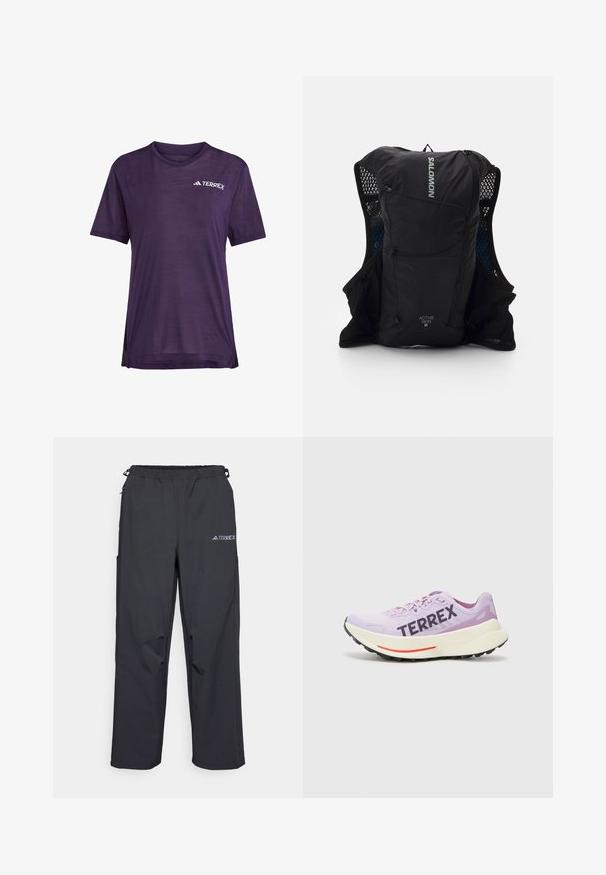 Purple short-sleeve athletic shirt made from lightweight fabric, featuring a breathable mesh design and a white "TERREX" logo on the chest.; Black, lightweight outdoor pants with an elastic waistband, side pockets, and a logo on the upper right leg. Smooth, water-resistant fabric.; Purple running shoe with breathable mesh upper, prominent "TERREX" logo, white midsole, and black rubber outsole with red accent.; Black running vest with mesh side pockets, reflective accents, and a front zip pocket. Lightweight fabric designed for comfort and breathability.
