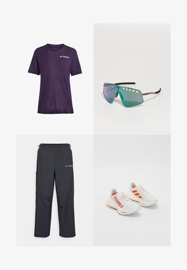 Camiseta deportiva de manga corta en color púrpura, hecha de una tela ligera, con un diseño de malla transpirable y un logo blanco "TERREX" en el pecho.; Pantalones outdoor ligeros y negros con cintura elástica, bolsillos laterales y un logo en la parte superior de la pierna derecha. Tejido liso y resistente al agua.; Zapatillas de running blancas con acentos naranjas. Material de malla, puntera redondeada y plantilla gruesa. "TERREX" impreso en el costado y tres rayas en el talón.; Las gafas de sol Oakley cuentan con una gran lente espejada verde con recortes en la parte superior, un diseño angular y elegante, y un marco metálico colorido con puntas negras.