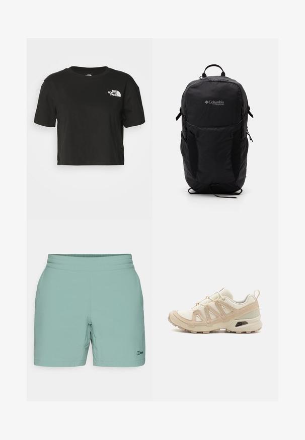 Μαύρη κοντή μπλούζα φτιαγμένη από βαμβάκι. Διαθέτει στρογγυλή λαιμόκοψη και κοντά μανίκια, με λευκό λογότυπο στην αριστερή περιοχή του στήθους.; Ανοιχτό πράσινα σορτς φτιαγμένα από απαλή ύλη, με ομαλή μέση και ένα μικρό μαύρο λογότυπο στη χαμηλή πλευρά. Απλός, λειτουργικός σχεδιασμός.; Μπεζ και κρεμ αθλητικό παπούτσι με υφασμάτινη άνω επιφάνεια με υφή, υποστηρικτικά overlay και καουτσούκ σόλα με σχέδιο πέλματος για πρόσφυση.; Μαύρο σακίδιο Columbia Titanium με λεία υφή υφάσματος, πλαϊνές τσέπες, χερούλι στην επάνω πλευρά και ρυθμιζόμενους ιμάντες. Μινιμαλιστικός σχεδιασμός με διακριτική σήμανση.