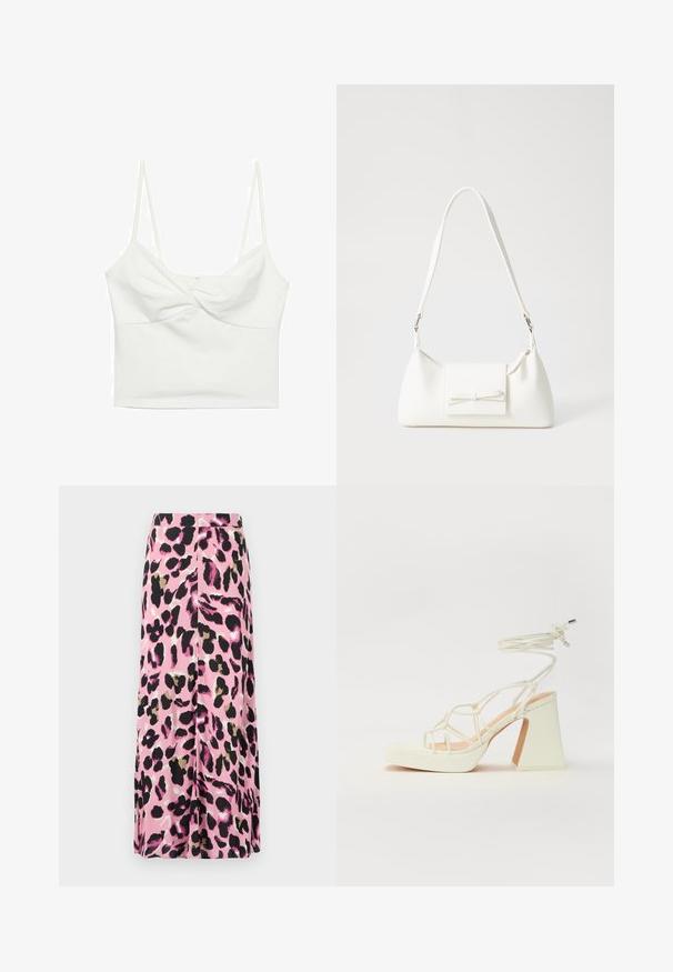 Bela kratka top majica z tankimi naramnicami, ki ima zasukano sprednjo zasnovo in gladko teksturo. Narejena iz raztegljive tkanine.; Roza krilo s poudarjenim, abstraktnim črnim leopardjim vzorcem z zlatimi poudarki. Narejeno iz gladkega materiala, ima ravno krojenje in srednjo dolžino.; Bela sandala na visokih petah s debelim petam, ki ima obliko trakcev in vezanje okoli gležnja. Gladka tekstura z platformo spredaj za dodatno višino.; Bela sintetična torbica v obliki trikotnika, z ravnim sprednjim poklopcem in detajlom mašne, nastavljivim trakom, gladko teksturo in minimalističnim dizajnom.