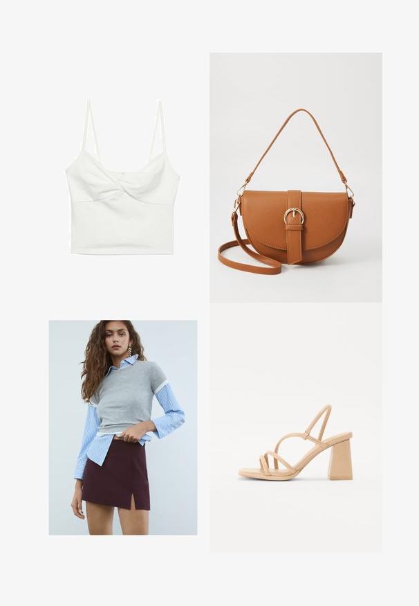 Top court blanc sans manches avec de fines bretelles, présentant un design en avant torsadé et une texture lisse. Fabriqué en tissu extensible.; Jeune femme aux longs cheveux ondulés, portant des boucles d'oreilles en étoile, une chemise à rayures bleues avec un pull gris à manches courtes, et une jupe bordeaux avec une fente à l'avant.; Sandale nu en cuir verni avec un talon carré, des fines lanières et une finition lisse et brillante. Design simple avec un dessus strappy.; Sac bandoulière en cuir marron avec une forme incurvée, quincaillerie dorée et un accent en boucle. Comprend une bandoulière détachable.