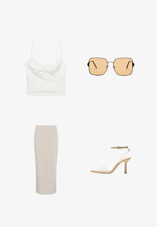 Bílý zkrácený top na ramínka s tenkými špagetovými popruhy, s našitým designem na přední straně a hladkou texturou. Vyrobeno z elastického materiálu.; Béžová sukně ke kolenům vyrobená z měkkého, elastického materiálu. Má jednoduchý elastický pas a rovný střih bez viditelných vzorů.; Průhledná sandálová obuv s průhledným svrškem, béžovou stélkou a štíhlým páskem kolem kotníku. Má špičatou špičku a tenký vysoký podpatek.; Čtvercové sluneční brýle s hnědými skly a tenkým černým kovovým rámem. Mají šikmé stranice a nastavitelná nosní polštářky pro pohodlí.