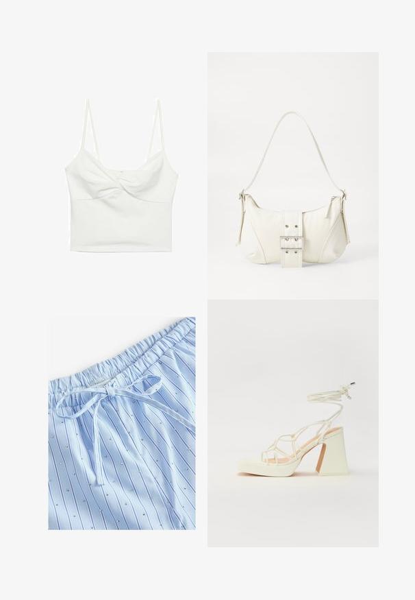 Biely skrátený top s tenkými ramienkami, ktorý má prekrútený predný dizajn a hladký povrch. Vyrobené z elastického materiálu.; Svetlomodré pyžamové šortky s vertikálnymi prúžkami a malými reflexnými cvokmi. Elastický pás s šnúrkou na prispôsobenie.; Biele sandále na vysokom opätku s hrubým podpätkom, s pruhovaným dizajnom a viazaním na členku. Hladký povrch s platformou vpredu pre zvýšenú výšku.; Biela taška cez rameno s textúrovaným povrchom, centrálnou prackou a zakriveným tvarom. Zipsy na oboch stranách.
