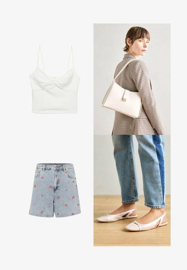 Bijela skraćena majica bez rukava s tankim naramenicama, koja ima dizajn s uvijenim prednjim dijelom i glatku teksturu. Izrađena od rastezljivog materijala.; Traperice kratke u svijetloplavoj boji s crvenim cvjetnim vezom. Imaju visoki struk, prednje džepove i ravni kroj.; Svijetlo ružičaste slingback balerinke s šiljastim vrhom, izrađene od glatkog materijala nalik koži. Sadrže izrezane detalje sa strane i ravnu petu.; Bijela kožna torba s čvrstim dizajnom, s magnetskim kopčanjem i remenom za rame, prikazana na neutralnoj pozadini.