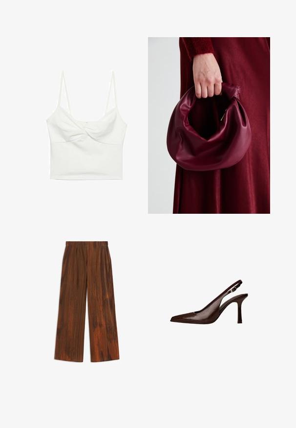 Weißes kurzes Tanktop mit dünnen Trägern, das ein verdrehtes Vorderdesign und eine glatte Textur aufweist. Hergestellt aus dehnbarem Material.; Braune weit geschnittene Hose mit plissierter Textur, die vertikale Streifen und eine weiche Oberfläche aufweist. Elastischer Taillenbund für zusätzlichen Komfort.; Braune Leder-Slingback-Pumps mit spitzer Zehenform und dünnem Absatz. Sie verfügen über eine kleine Akzent-Schnalle am Riemen und eine glänzende Oberfläche.; Burgunderleder-Handtasche mit einem weichen, gerafften Design und einer gerundeten Form. Der Griff ist gesichert und zeigt eine glatte Textur.
