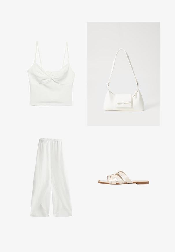 Weißes kurzes Tanktop mit dünnen Trägern, das ein verdrehtes Vorderdesign und eine glatte Textur aufweist. Hergestellt aus dehnbarem Material.; Weißer, weiter Hosen mit elastischem Bund und seitlichen Schlitzen aus leichtem Stoff für Atmungsaktivität und Bewegungsfreiheit.; Flache Sandalen mit einer honigfarbenen Gummisohle, gestaltet mit drei überlappenden weißen Lederriemen und einem kleinen Schleifendetail in der Mitte.; Weiße synthetische Handtasche in dreieckiger Form, flache Vorderklappe und Schleifendetail, verstellbarer Trageriemen, glatte Textur und minimalistisches Design.