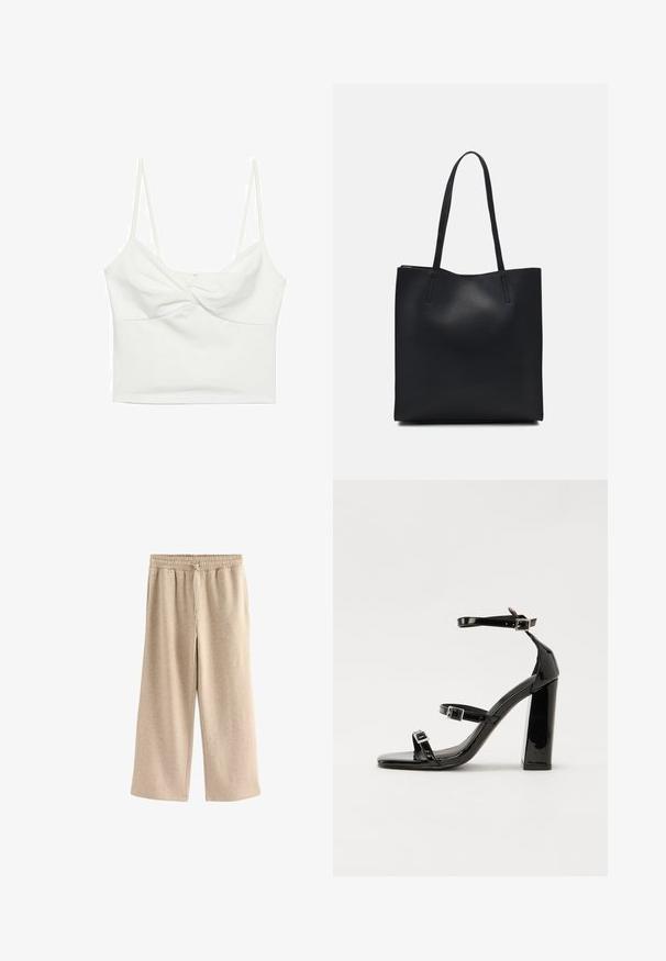 Weißes kurzes Tanktop mit dünnen Trägern, das ein verdrehtes Vorderdesign und eine glatte Textur aufweist. Hergestellt aus dehnbarem Material.; Cremefarbene Schlaghosen aus einem weichen Baumwollmix. Sie verfügen über einen elastischen Bund mit Kordelzug und einer dezenten gesprenkelten Textur.; Schwarze patentierte Sandalen mit Absatz, quadratischer Spitze, Knöchelriemen und silbernen Schnallen. Mit einem stabilen Blockabsatz für mehr Stabilität.; Schwarze Laptoptasche aus Leder mit glatter Textur, rechteckiger Form und zwei langen Griffen. Keine sichtbaren Beschläge oder Verzierungen.