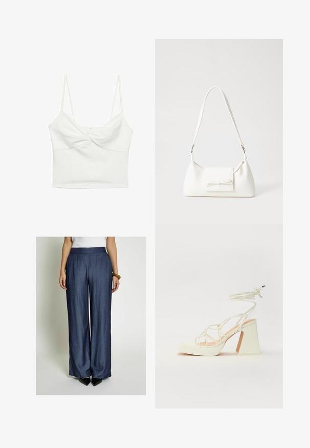 Vit kort tanktopp med tunna spagettiärm, med en vriden framsidesdesign och slät yta. Tillverkad av stretchigt tyg.; Breda marinblå byxor i lätt tyg, med en len yta och resårmidja, som är kombinerade med svarta spetsiga skor.; Vit högklackad sandal med en kraftig klack, med ett remdesign och ankelband. Slät textur med en plattform framtill för ökad höjd.; Vit syntetisk handväska med triangulär form, platt framklaff och rosettdetalj, justerbar rem, slät textur och minimalistisk design.