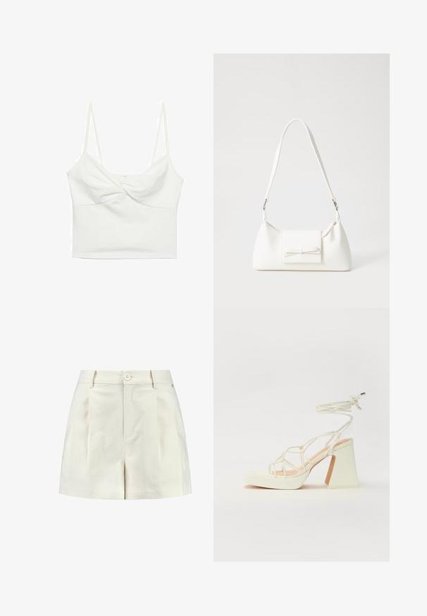 Biały krótki top na ramiączkach z cienkimi spaghetti, z przodem w splot i gładką teksturą. Wykonany z elastycznego materiału.; Białe szorty wykonane z fakturowanej tkaniny, z płaskim przodem, dwiema bocznymi kieszeniami oraz pojedynczym zapięciem na guzik w talii.; Biała sandał na wysokim obcasie z masywnym słupkiem, z paskowym wzorem i wiązaniem przy kostce. Gładka faktura z platformą z przodu dla dodatkowej wysokości.; Biała syntetyczna torba o trójkątnym kształcie, płaskim przednim klapce i detalach w postaci kokardy, regulowanym pasku, gładkiej fakturze oraz minimalistycznym designie.