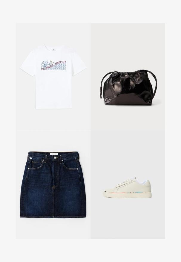 Bela bombažna majica z barvnim grafičnim prikazom vrtiljaka in roller coasterja, na kateri je v rdeči in modri barvi napis "PS Paul Smith".; Temno modra denim krila s petimi žepi, zlatim šivom in klasičnim krojem. Ima zaponko in zanke za pas.; Off-white nizki športni copat z vezalnim dizajnom, belim notranjim oblogo in subtilnim večbarvnim obrobjem ob robu podplata, stranski pogled.; Majhna črn usnjen žep za zavezovanje s kratkimi ročaji na svetlo sivi ozadju.