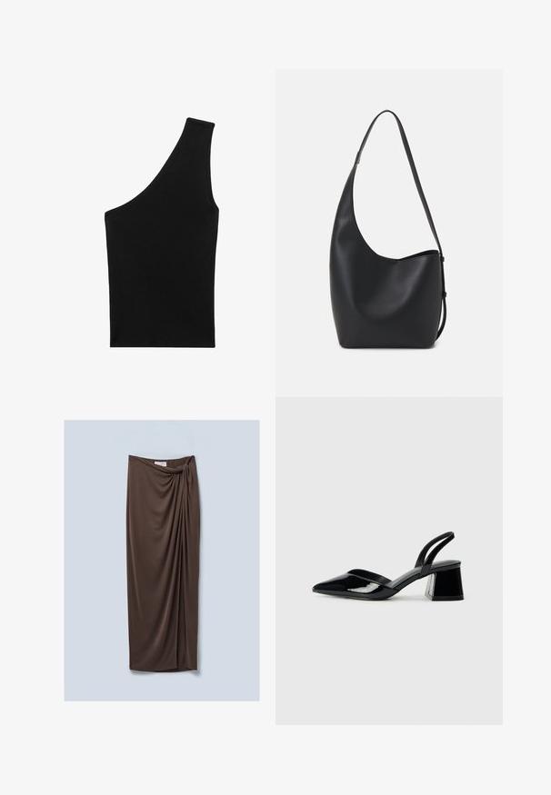 Čierny, rebrovaný pletený top s jedinečnou asymetrickou siluetou a jedným ramenným pásikom. Hladká textura, bez viditeľného kovania alebo vzoru.; Hnedá, sukňa po kolená vyrobená z mäkkej, drapérie. Má twisted uzlový detail na páse a hladkú textúru.; Čierne lakované kožené sandálové podpätky s špicatou špičkou a geometrickým blokovým podpätkom. Disponujú elegantným, minimalistickým dizajnom a hladkým povrchom.; Čierna kožená hobo taška so hladkou textúrou, zakriveným tvarom a jedným nastaviteľným popruhom; má široké otvorenie na vrchu.