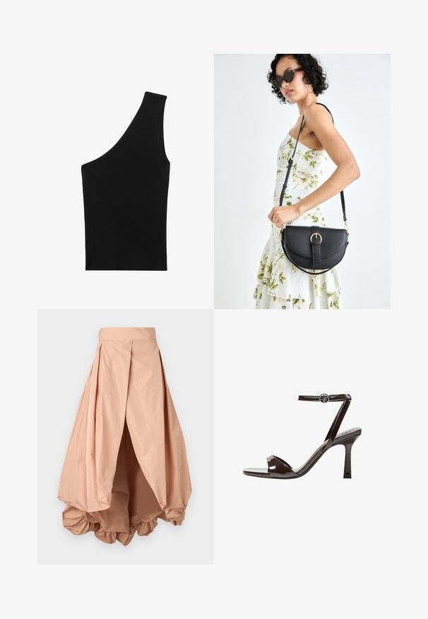 Top nero a costine con una silhouette asimmetrica unica e una spallina singola. Texture liscia, senza hardware visibile o motivi.; Gonna a palloncino color pesca realizzata in tessuto leggero, con orlo arricciato e design plissettato in vita per un silhouette voluminosa.; Sandalini con tacco alto in pelle verniciata marrone, con cinturino alla caviglia, punta aperta e un design elegante e minimalista. Presentano un tacco quadrato.; Borsa a tracolla nera in pelle con una forma curva, manico rimovibile e accessori dorati. La borsa presenta una patta con un dettaglio a fibbia.