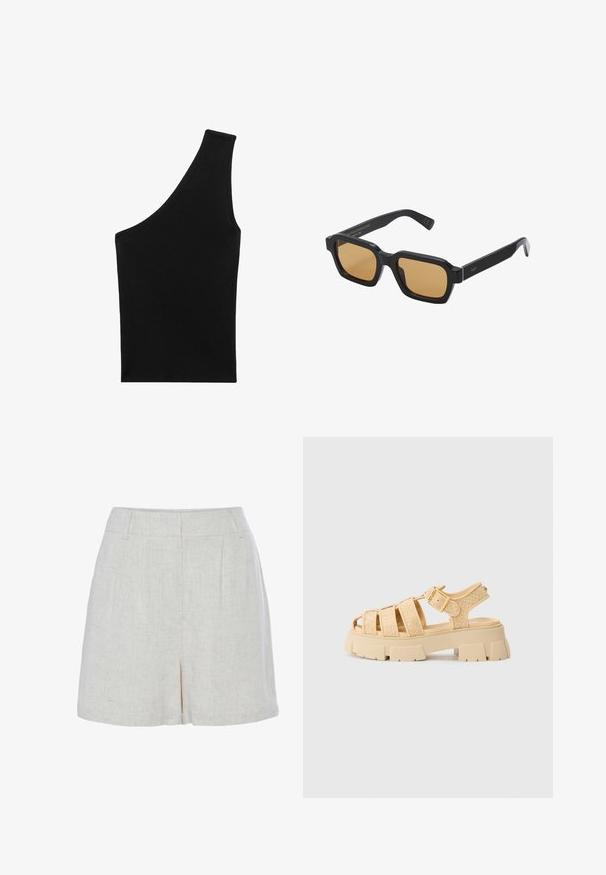 Black, ribbed knit top with a unique asymmetrical silhouette and a single shoulder strap. Smooth texture, no visible hardware or pattern.; LASCANA SHORTS - Shorts - sand; Beige platform sandals with woven straps and a buckle. Chunky sole with textured finish. Open toe design. Lightweight and casual.; Failed to generate alt-text