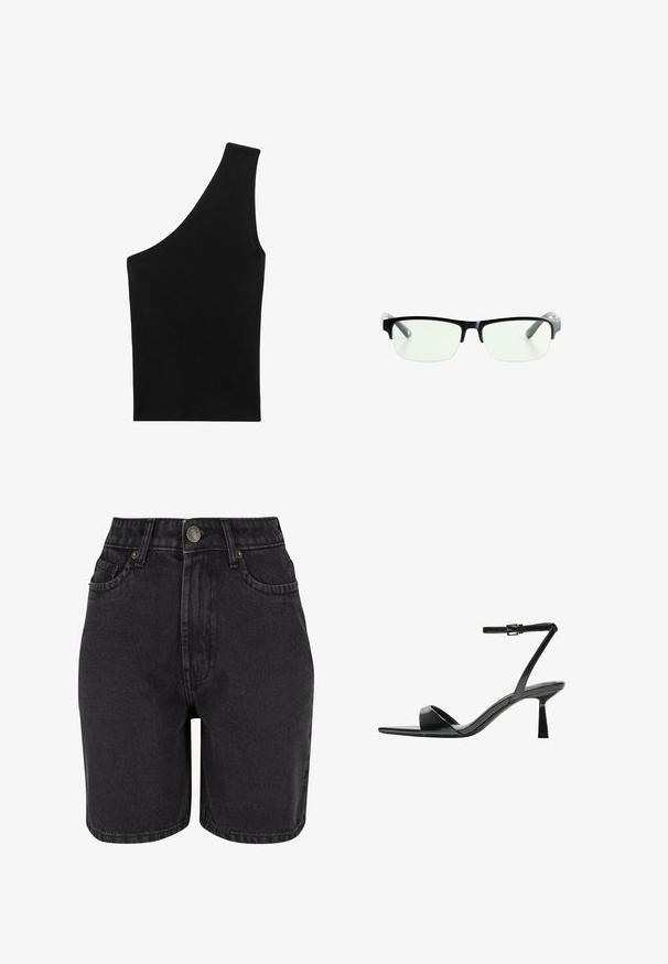Čierny, rebrovaný pletený top s jedinečnou asymetrickou siluetou a jedným ramenným pásikom. Hladká textura, bez viditeľného kovania alebo vzoru.; Čierne džínsy krátke šortky s vysokým pásom, päť vreciek a uzáverom na kovový gombík. Materiál má hladkú textúru s jemným opotrebovaním.; Bershka Sandále na vysokom opätku - black; Čierne obdĺžnikové okuliare s priehľadnými sklami, majú elegantné čierne rámy a šedé priehľadné konce straníc. Minimalistický dizajn, bez viditeľného loga.