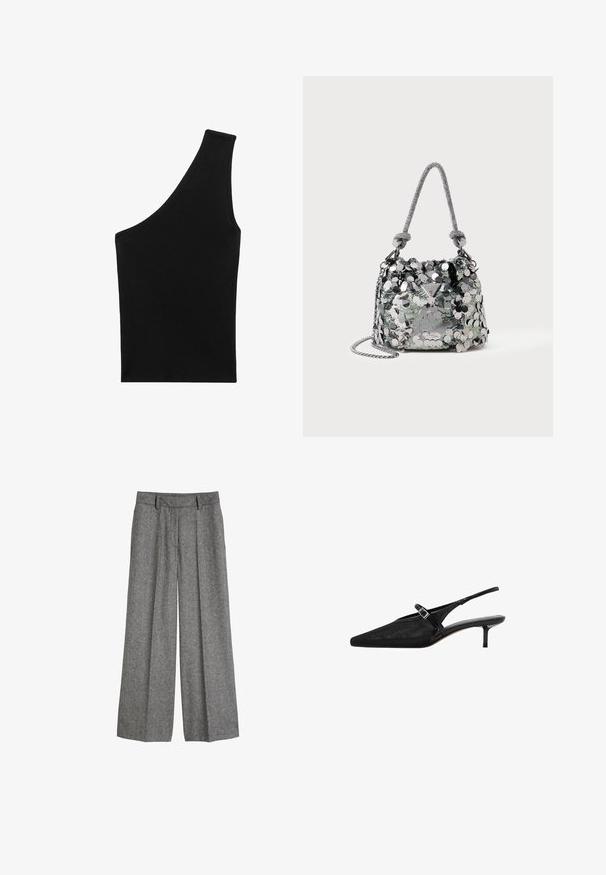 Black, ribbed knit top with a unique asymmetrical silhouette and a single shoulder strap. Smooth texture, no visible hardware or pattern.; Grey woolen wide-leg trousers with belt loops and front pleats, designed for a relaxed, tailored fit.; Black slingback heels with pointed toes, textured mesh upper, slim adjustable strap with silver buckle, and 5 cm stiletto heels.; Small silver handbag covered in large sequins with knotted handle and chain strap, featuring a Guess brand logo on front.; Gold-tone metal hoop earrings with a curved, elongated shape. Features a smooth, shiny surface and a rounded tip for added detail.