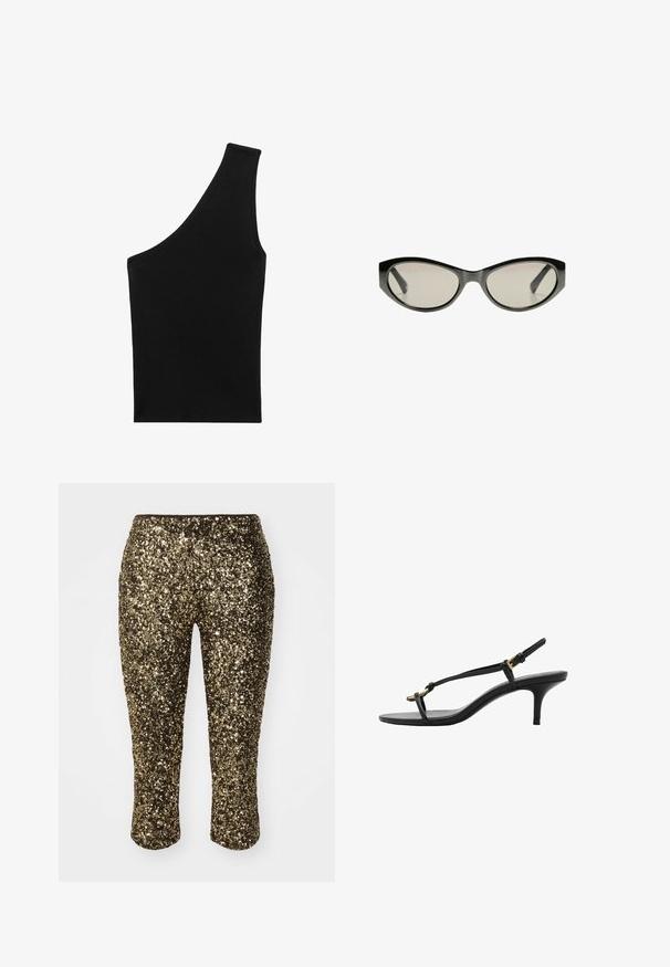 Črn, rebrast pleten top z edinstveno asimetrično silhueto in enim naramnikom. Gladka tekstura, brez vidnih velikosti ali vzorca.; Zlate svetlucave capri hlače z oprijetim krojem in elastičnim pasom, ki se ponašajo z sijočo, teksturirano površino, ki ujame svetlobo.; Črne usnjene sandale s kitten peto, tankimi trakovi, zlate zaponke in minimalistično zanko za prste na beli podlagi.; Črne mačje očala z sivimi lečami. Plastičen okvir ima ostre robove in gladko, sijočo površino.
