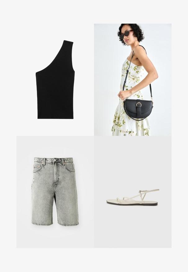 Top negru din tricot cu un siluetă asimetrică unică și un singur bretele pentru umăr. Textură netedă, fără accesorii sau modele vizibile.; Shorts din denim gri cu un design clasic cu cinci buzunare, o finisare uzată și detalii cusute la tiv și talie.; Sandalie plate bej cu multiple bretele subțiri și o cataramă ajustabilă. Talpa este plată, cu un ușor contrast întunecat la margine.; Geantă din piele neagră, cu o formă curbată, curea detașabilă și accesorii aurii. Geanta are un capac cu un detaliu tip cataramă.