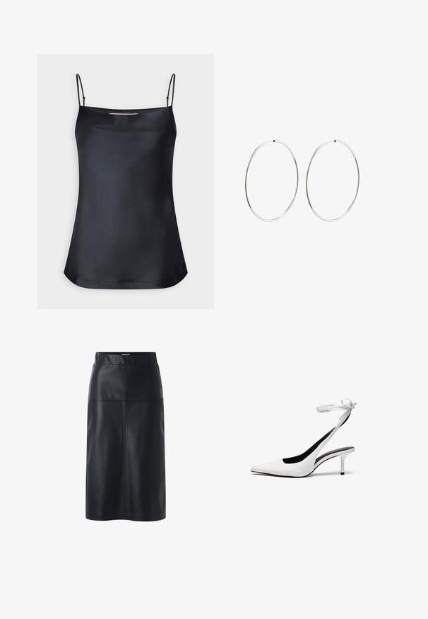 Czarna kamizelka z dekoltem typu cowl i cienkimi regulowanymi ramiączkami. Posiada gładki materiał, luźny krój oraz prosty design bez ozdób.; Czarna skórzana spódnica o prostym kroju, z gładką teksturą, pasem w talii oraz szczegółowym przeszyciem na przednich panelach.; Białe czółenka na słupku z odkrytą piętą i wąskim paskiem wokół kostki. Gładka skórzana powierzchnia, cienki obcas typu stiletto oraz czarne wnętrze.; Srebrne kolczyki na kółku o gładkim, okrągłym kształcie i wypolerowanym wykończeniu. Są cienkie i lekkie, z prostym zapięciem.