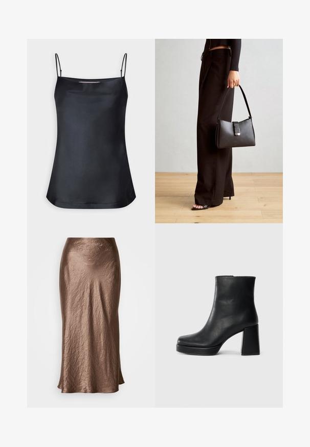 Top negru cu guler cowl și bretele subțiri, ajustabile. Dispune de un material neted, croială lejeră și un design simplu, fără ornamente.; Fustă de lungime medie, de culoare bronz, fabricată dintr-un material crinkle; textură netedă cu un ușor luciu; evazare subtilă la tiv.; Botină din piele neagră, cu toc pătrat și talpă platformă, văzută din lateral pe un fundal alb simplu.; Genți negre cu o formă structurată, textură netedă și un închizător metalic. Asortată cu pantaloni negri largi și sandale cu vârf deschis pe un podea din lemn.