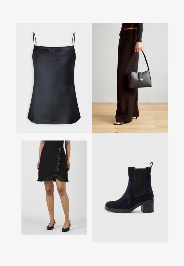 Černá kamizola s výstřihem do vé a tenkými nastavitelnými ramínky. Má hladký materiál, volný střih a jednoduchý design bez ozdob.; Černá mini sukně s překládaným designem, která má volánkový lem a vertikální panel z imitace kůže, vyrobená z hladkého textilního materiálu.; Námorně modré semišové kotníkové boty s elastickým bočním panelem, kulatou špičkou a blokovým podpatkem. Texturovaná tkanina a hladká podrážka vytvářejí kontrast.; Černá kabelka se strukturovaným tvarem, hladkým povrchem a kovovým uzávěrem. Kombinována s širokými černými kalhotami a sandály s otevřenou špičkou na dřevěné podlaze.